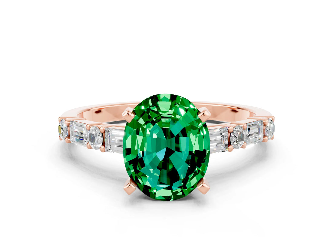 Rose gold Oval Cut Emerald Solitaire with Side Baguettes and Channel Set Band