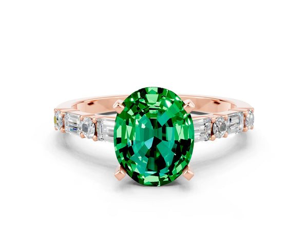 Rose gold Oval Cut Emerald Solitaire with Side Baguettes and Channel Set Band