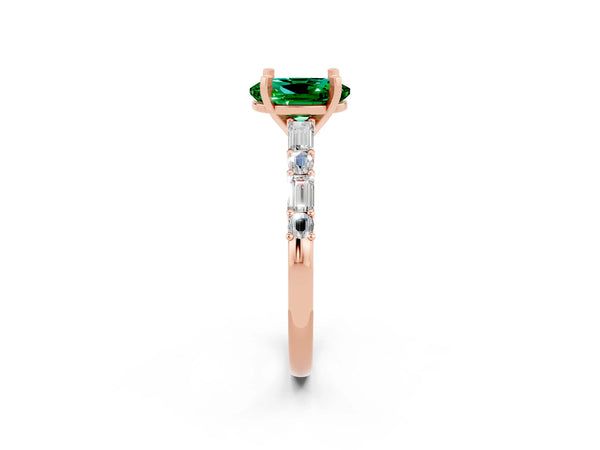 Rose gold Oval Cut Emerald Solitaire with Side Baguettes and Channel Set Band