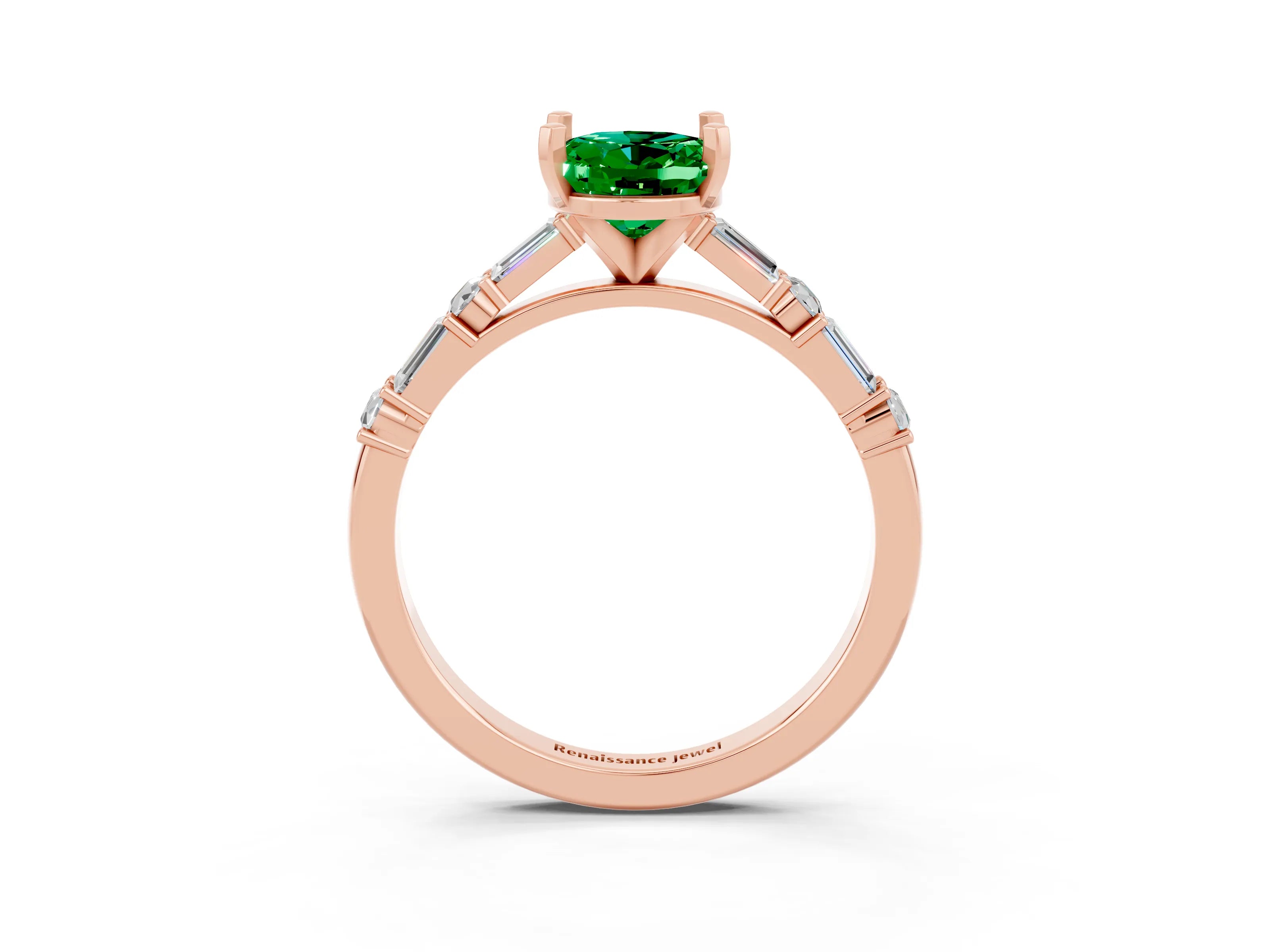 Rose gold Oval Cut Emerald Solitaire with Side Baguettes and Channel Set Band_3