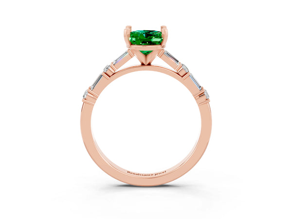 Rose gold Oval Cut Emerald Solitaire with Side Baguettes and Channel Set Band