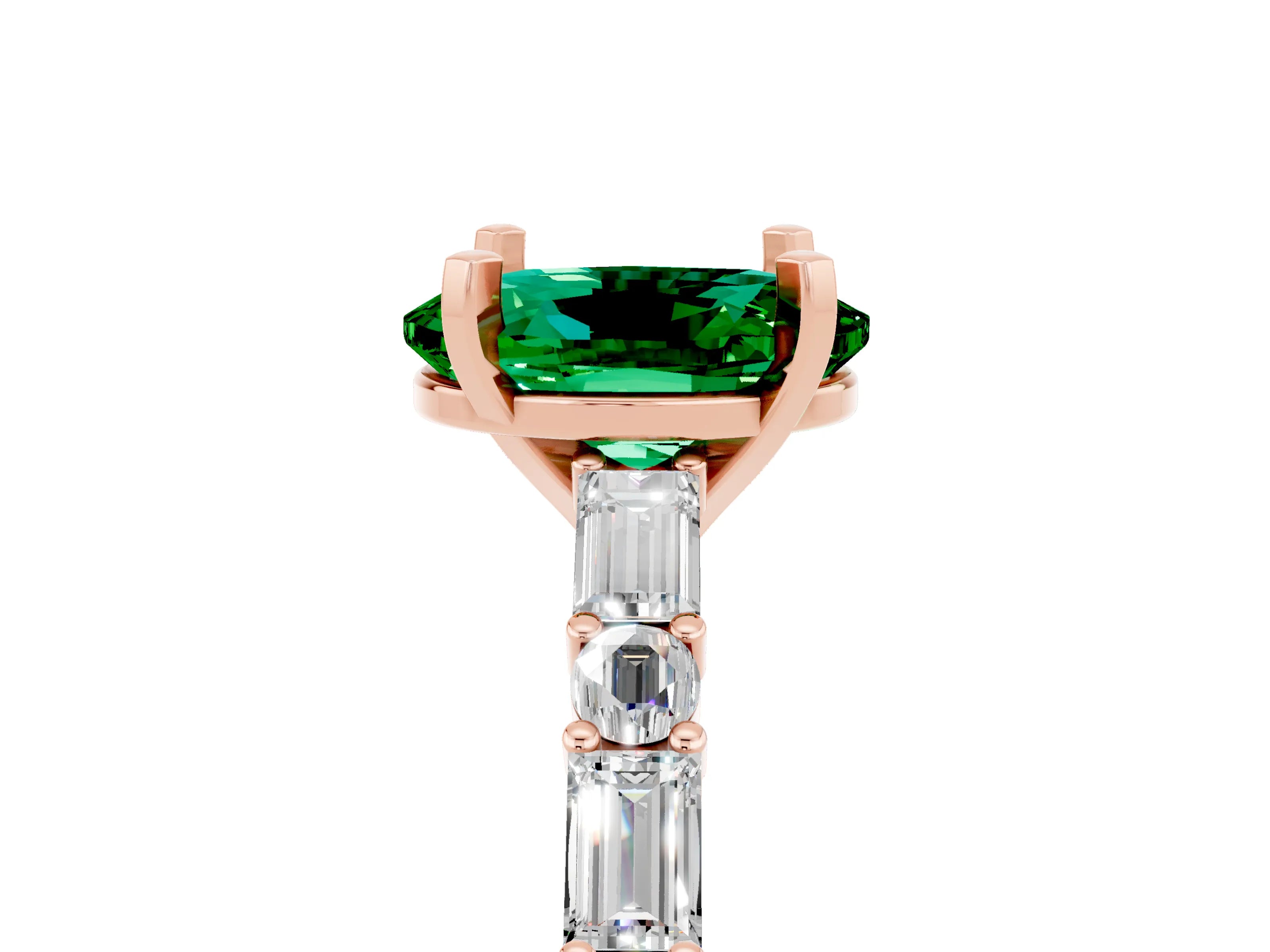Rose gold Oval Cut Emerald Solitaire with Side Baguettes and Channel Set Band_5