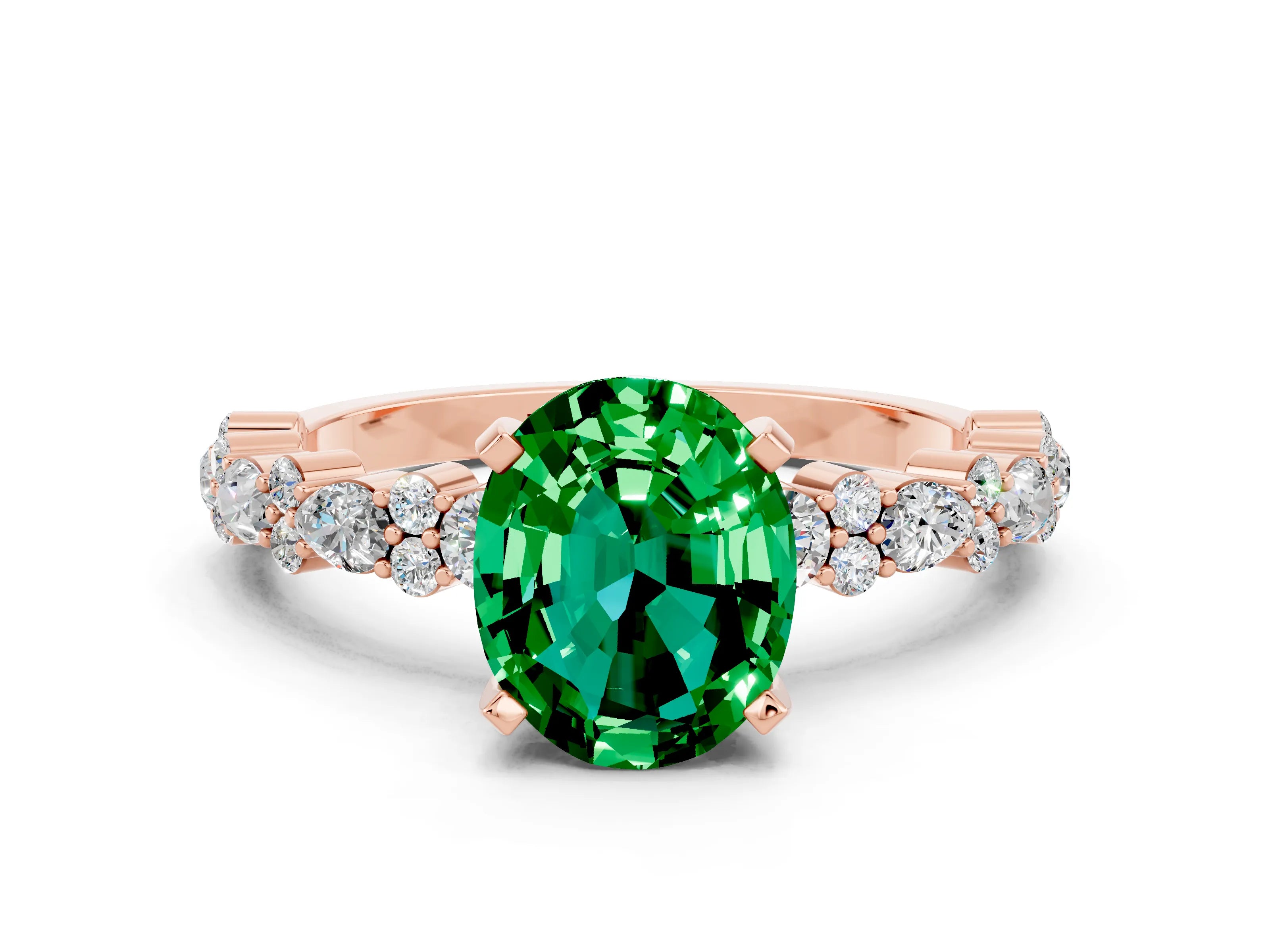 Rose gold Oval Cut Emerald Solitaire with Side Stones, Pave Band, Four-Prong Setting_36