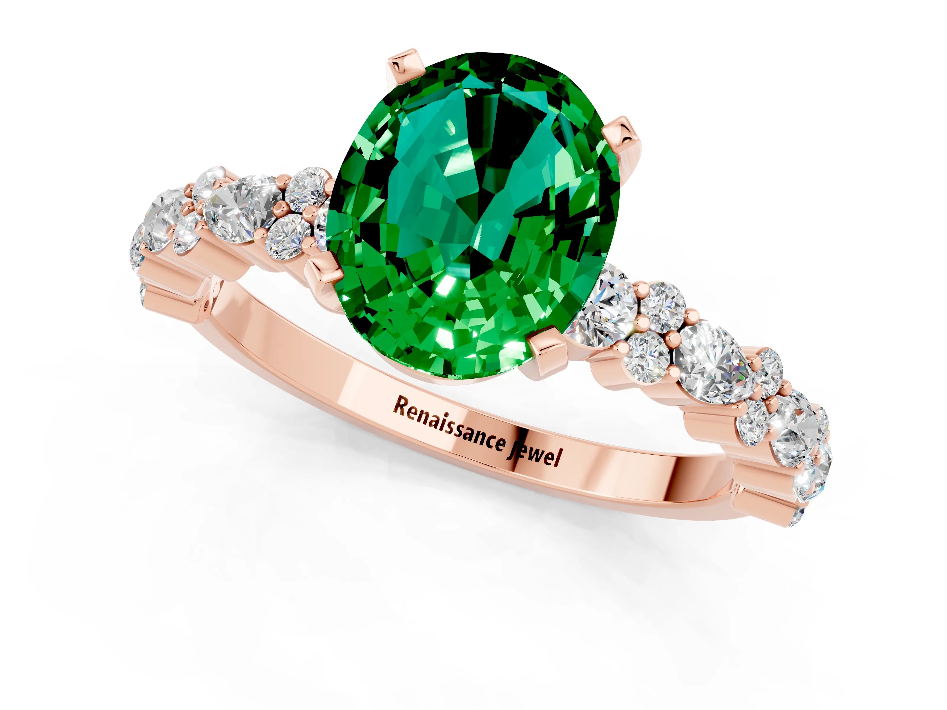 Rose gold Oval Cut Emerald Solitaire with Side Stones, Pave Band, Four-Prong Setting_37