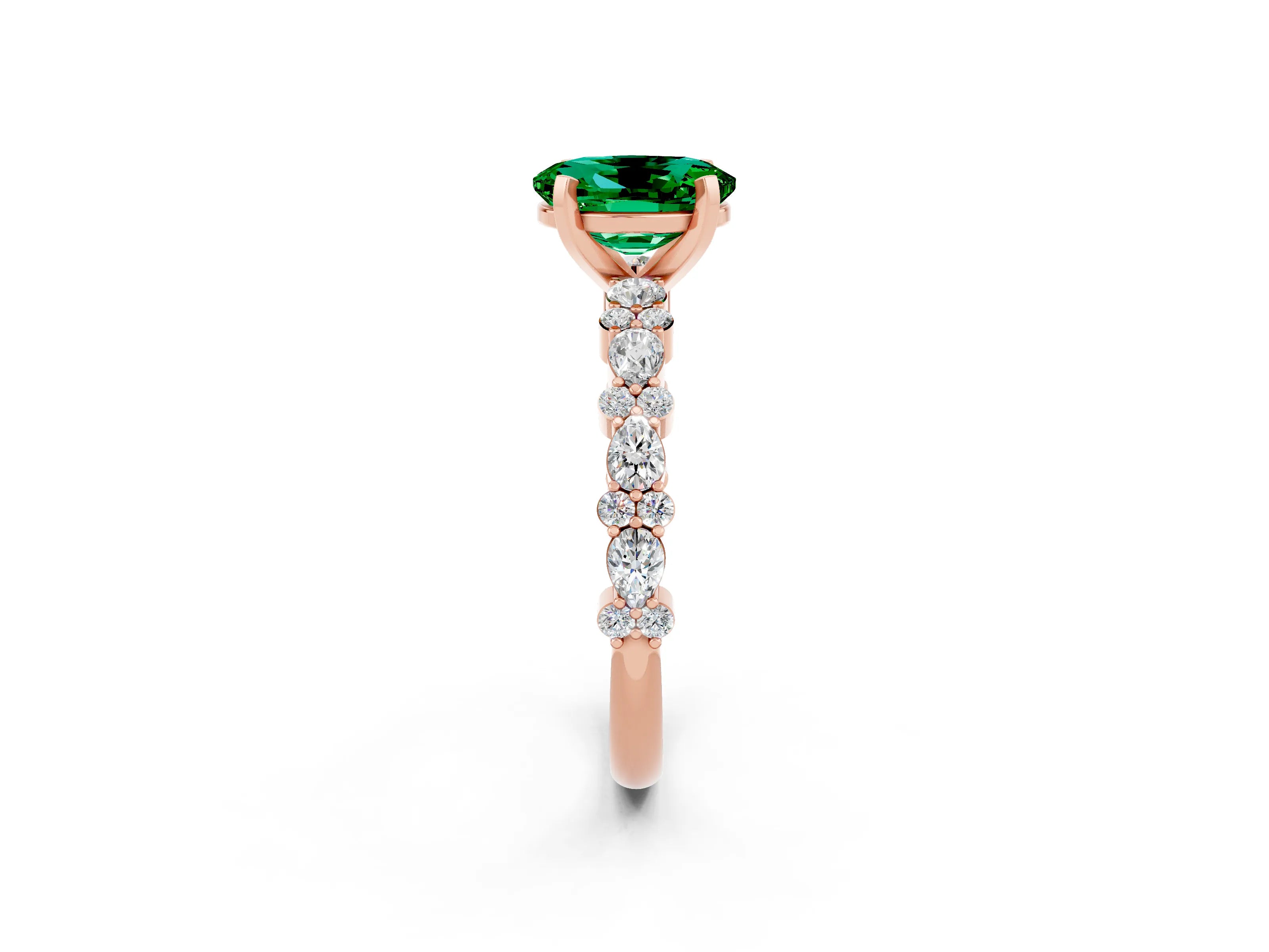 Rose gold Oval Cut Emerald Solitaire with Side Stones, Pave Band, Four-Prong Setting_38