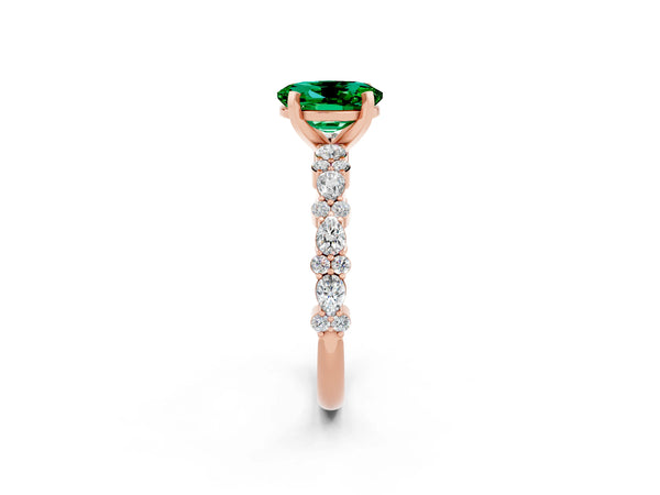 Rose gold Oval Cut Emerald Side Stone Solitaire Ring with Round  and Four-Prong Setting