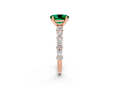 Rose gold Oval Cut Emerald Solitaire with Side Stones, Pave Band, Four-Prong Setting_38