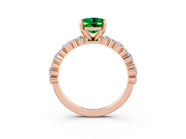 Rose gold Oval Cut Emerald Side Stone Solitaire Ring with Round  and Four-Prong Setting