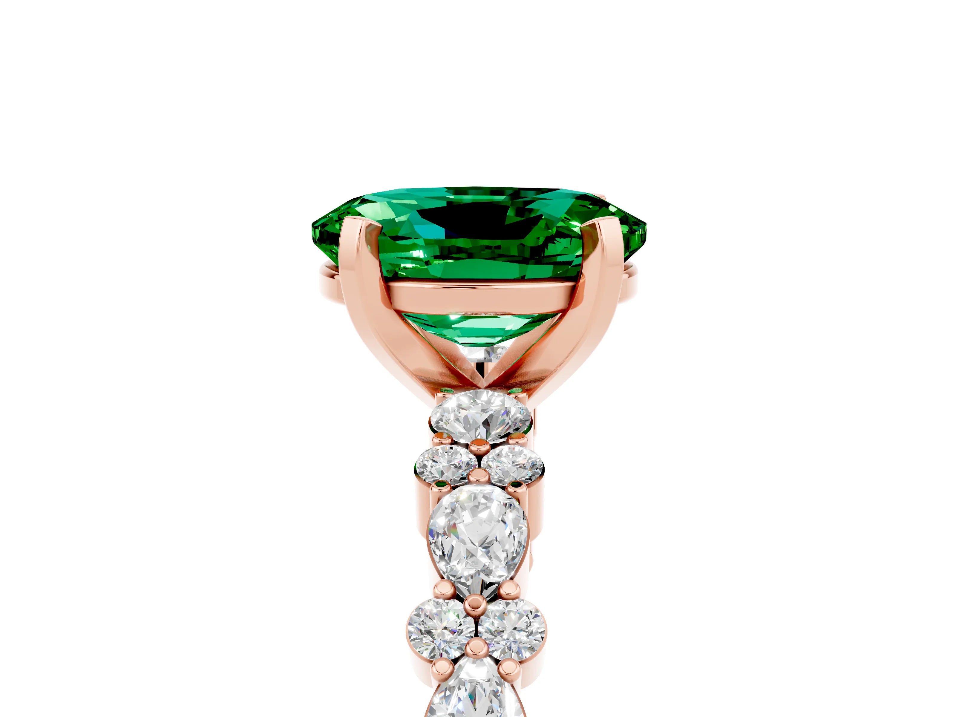 Rose gold Oval Cut Emerald Solitaire with Side Stones, Pave Band, Four-Prong Setting_41