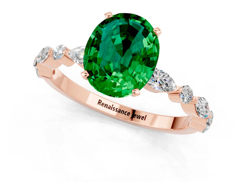 Rose gold Oval Cut Emerald Solitaire with Side Stones on a Pavé Band and Four-Prong Setting_1