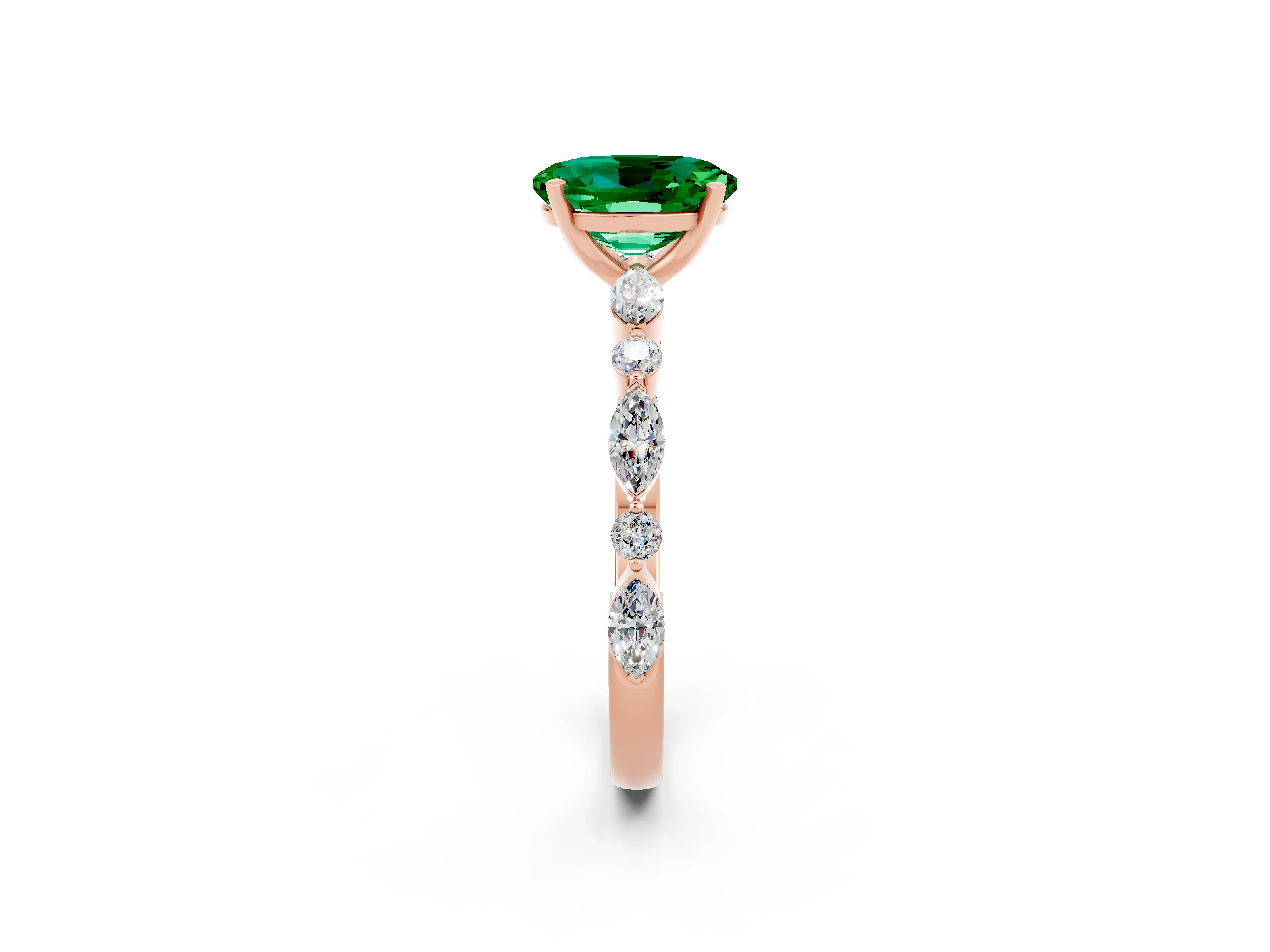 Rose gold Oval Cut Emerald Solitaire with Side Stones on a Pavé Band and Four-Prong Setting_2