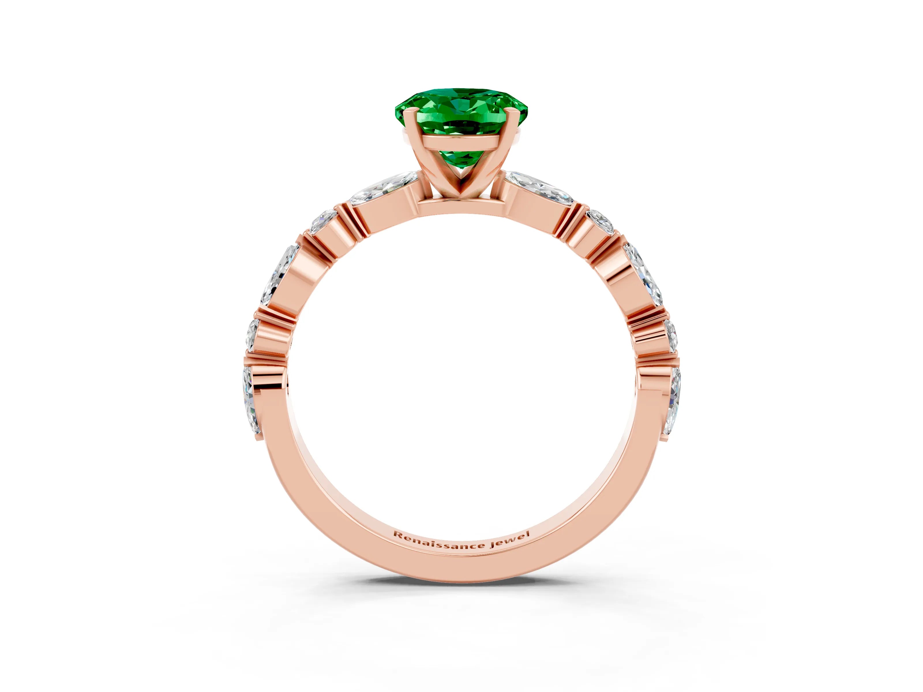 Rose gold Oval Cut Emerald Solitaire with Side Stones on a Pavé Band and Four-Prong Setting_3