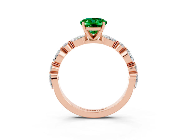 Rose gold Oval Cut Emerald Ring with Marquise and Round  Side Stones and Four-Prong Setting