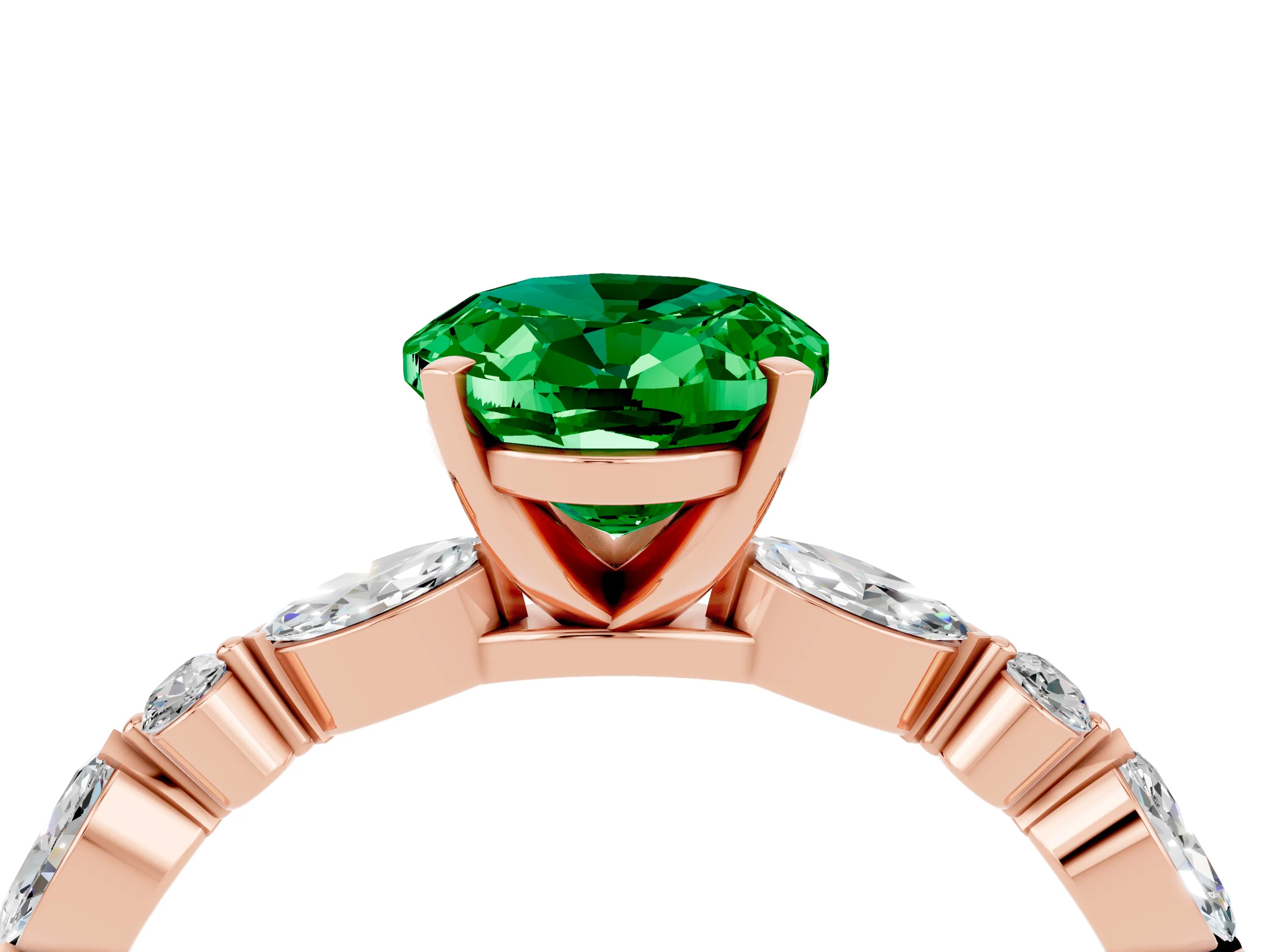 Rose gold Oval Cut Emerald Solitaire with Side Stones on a Pavé Band and Four-Prong Setting_4