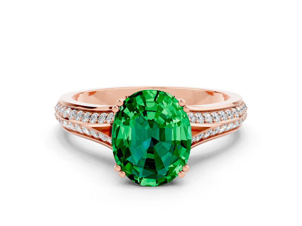Rose gold Oval Cut Emerald Split Shank Engagement Ring with Pavé Band
