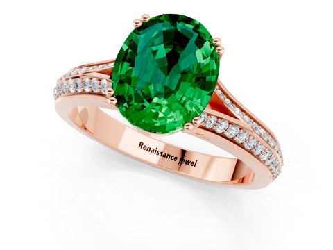 Rose gold Oval Cut Emerald Split Shank Engagement Ring with Pavé Band_1