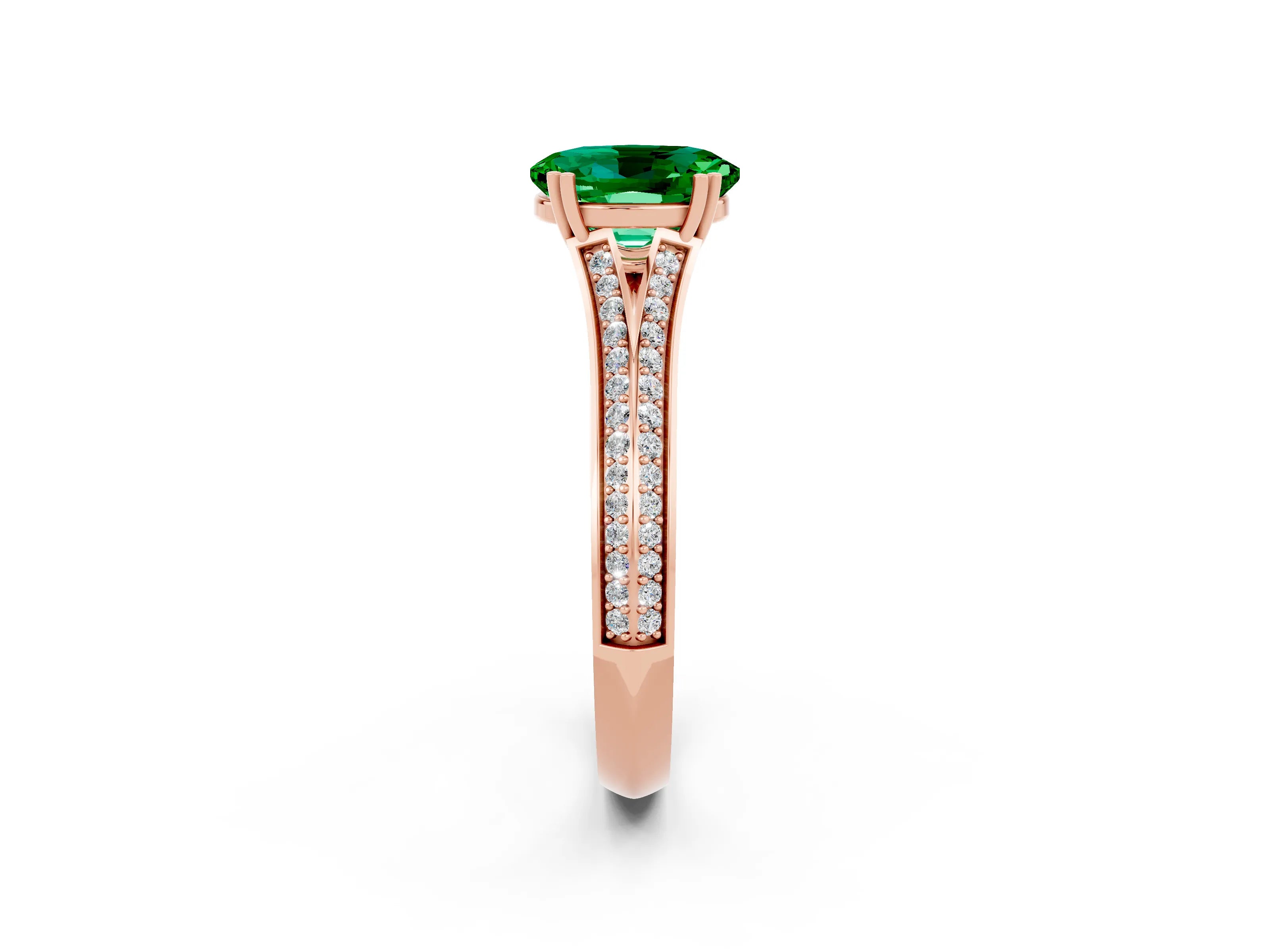 Rose gold Oval Cut Emerald Split Shank Engagement Ring with Pavé Band_2