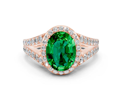 Rose gold Oval Cut Emerald Split Shank Halo Ring with Four-Prong Setting_12