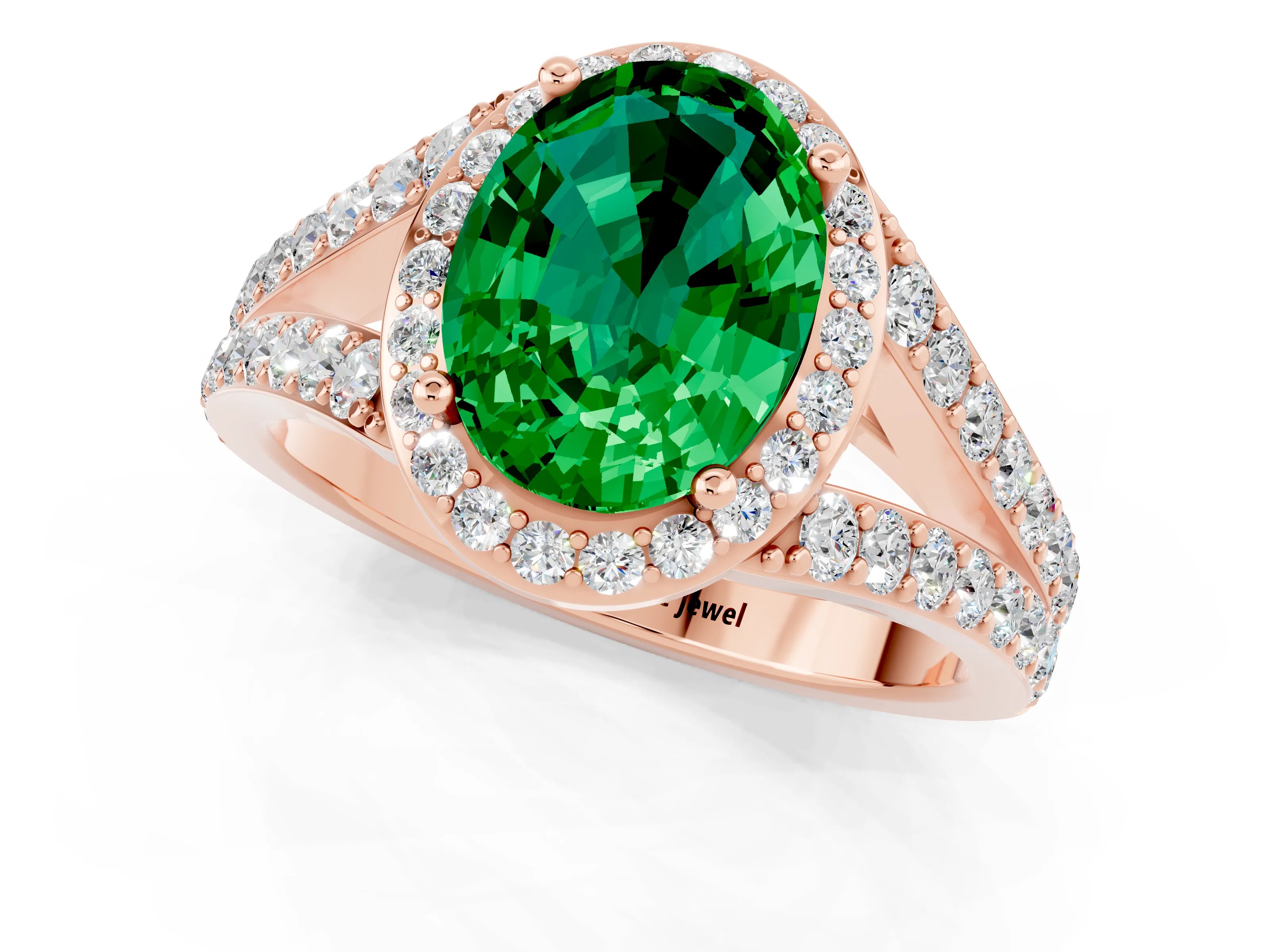 Rose gold Oval Cut Emerald Split Shank Halo Ring with Four-Prong Setting_13