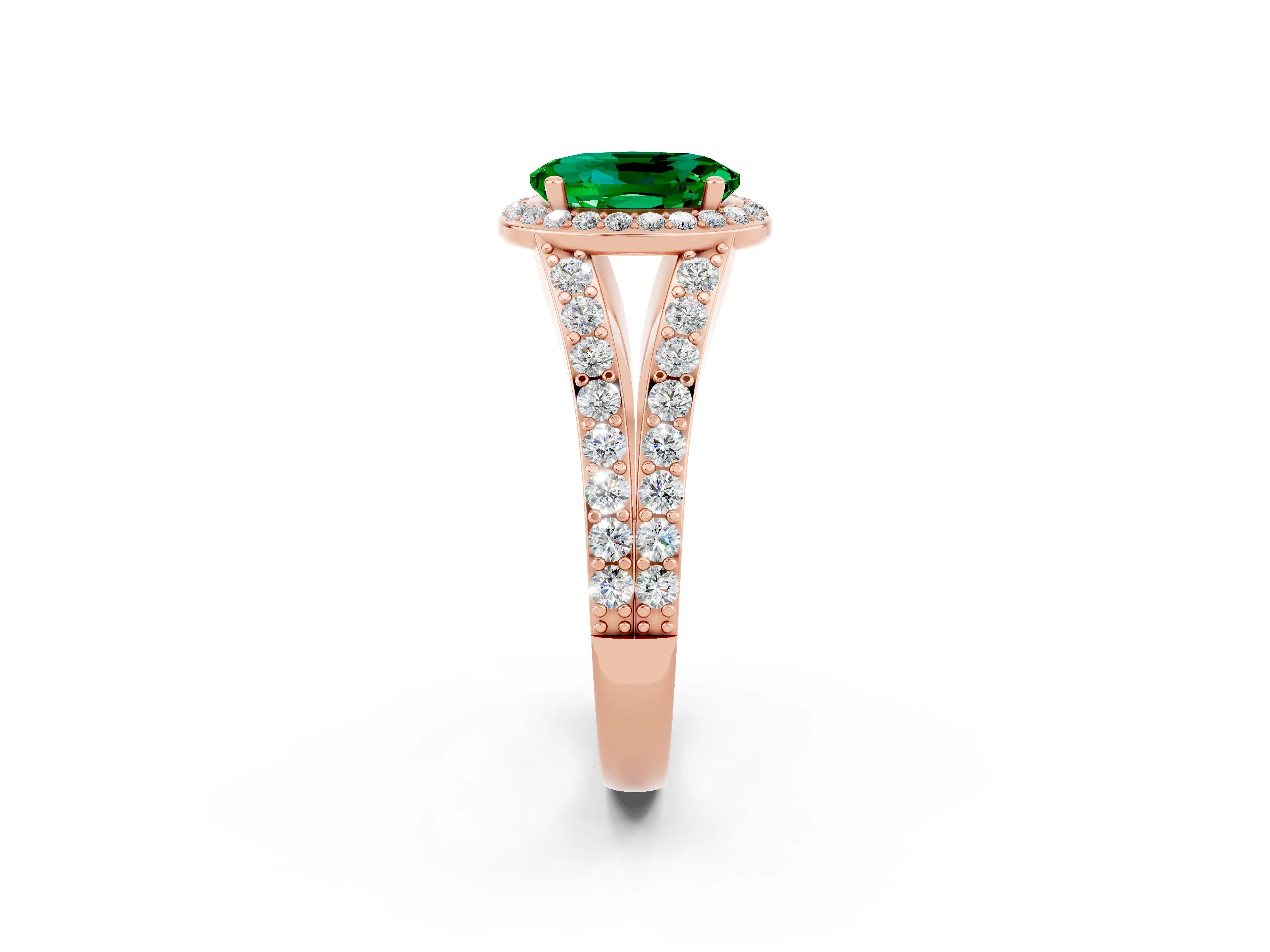 Rose gold Oval Cut Emerald Split Shank Halo Ring with Four-Prong Setting_14