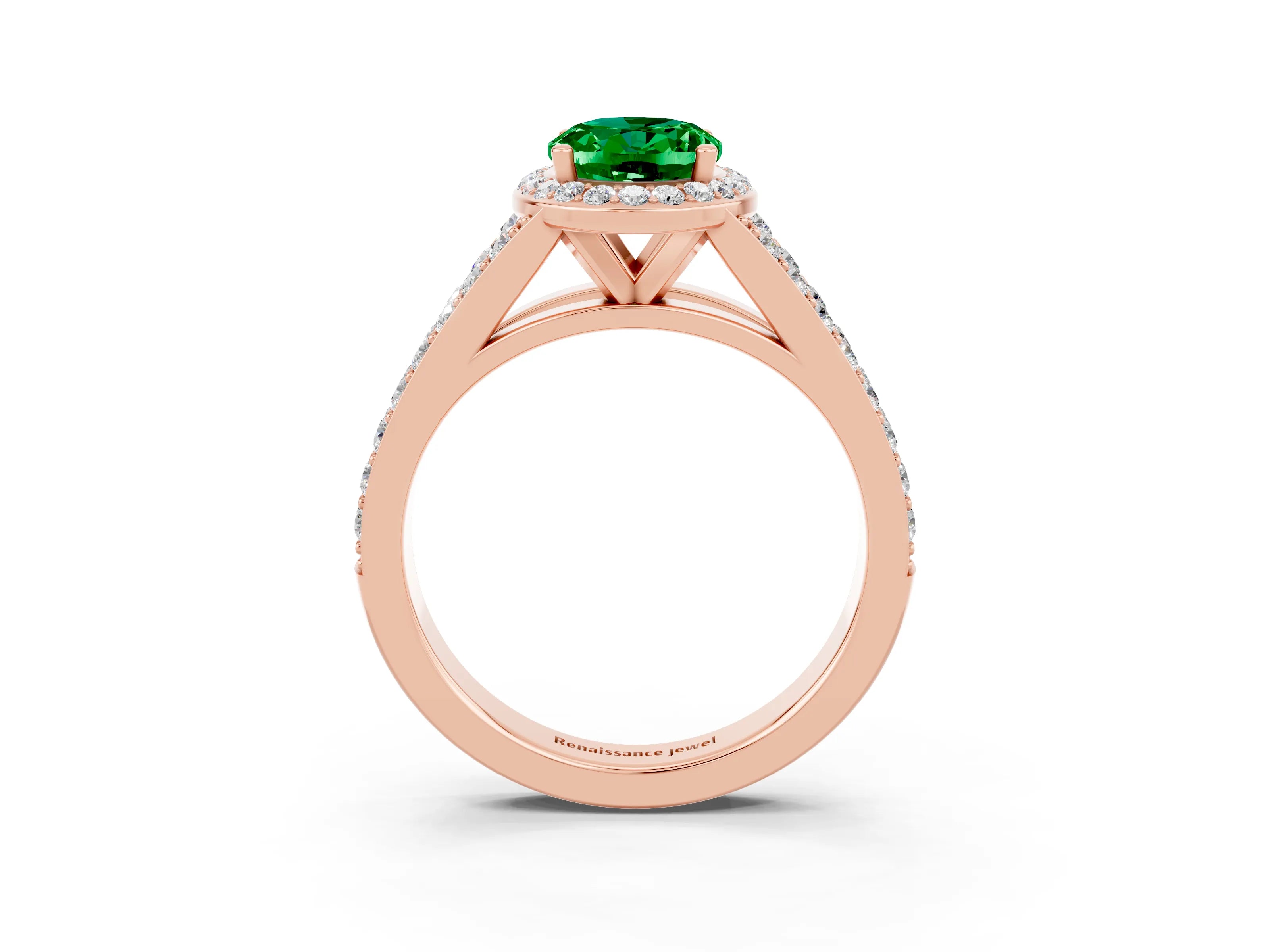 Rose gold Oval Cut Emerald Split Shank Halo Ring with Four-Prong Setting_15
