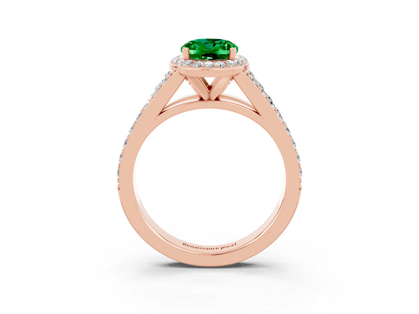 Rose gold Oval Cut Emerald Split Shank Halo Ring with Four-Prong Setting