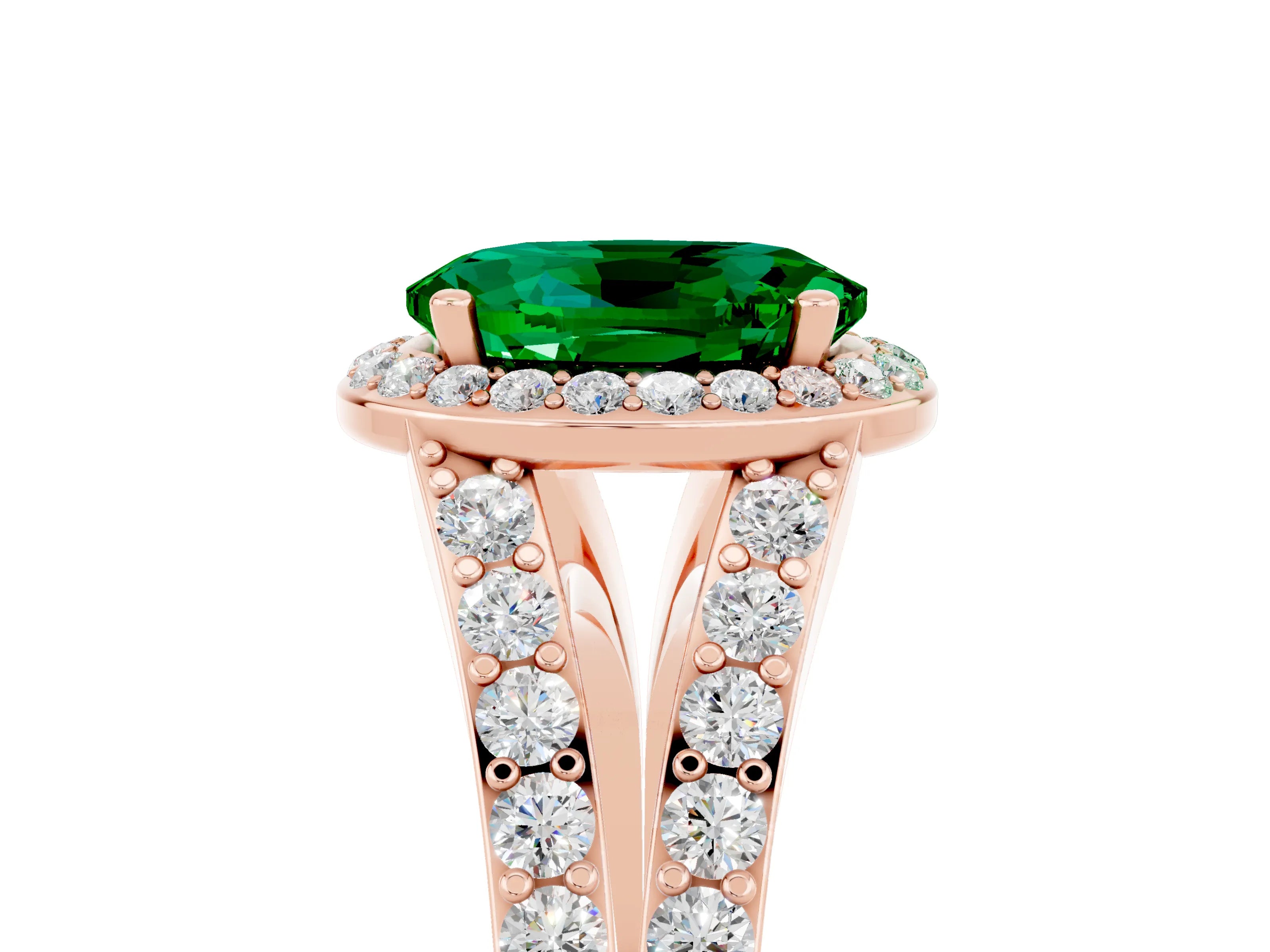 Rose gold Oval Cut Emerald Split Shank Halo Ring with Four-Prong Setting_17