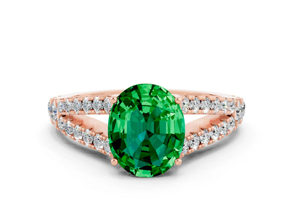 Rose gold Oval Cut Emerald Split Shank Pavé Engagement Ring with Four-Prong Setting