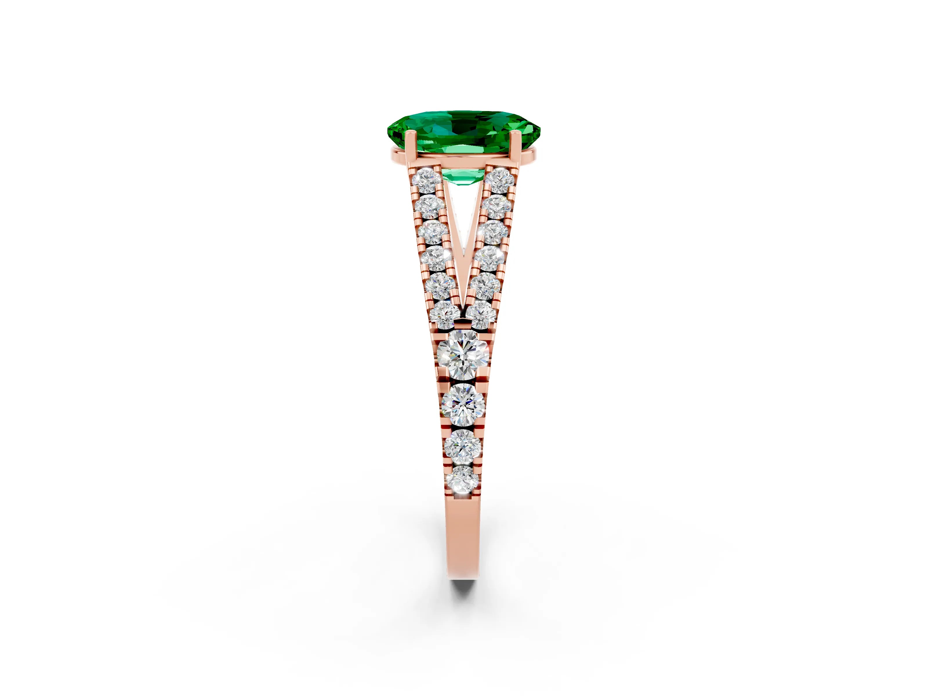 Rose gold Oval Cut Emerald Split Shank Pavé Engagement Ring with Four-Prong Setting_14