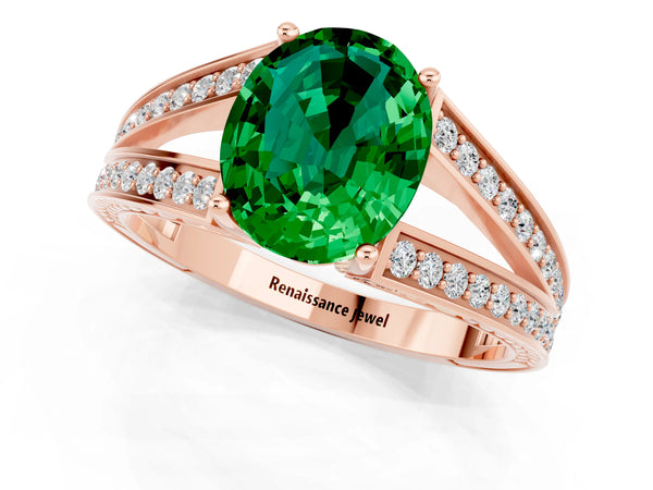 Rose gold Oval Cut Emerald Split Shank Ring with Pavé Band and Four-Prong Setting