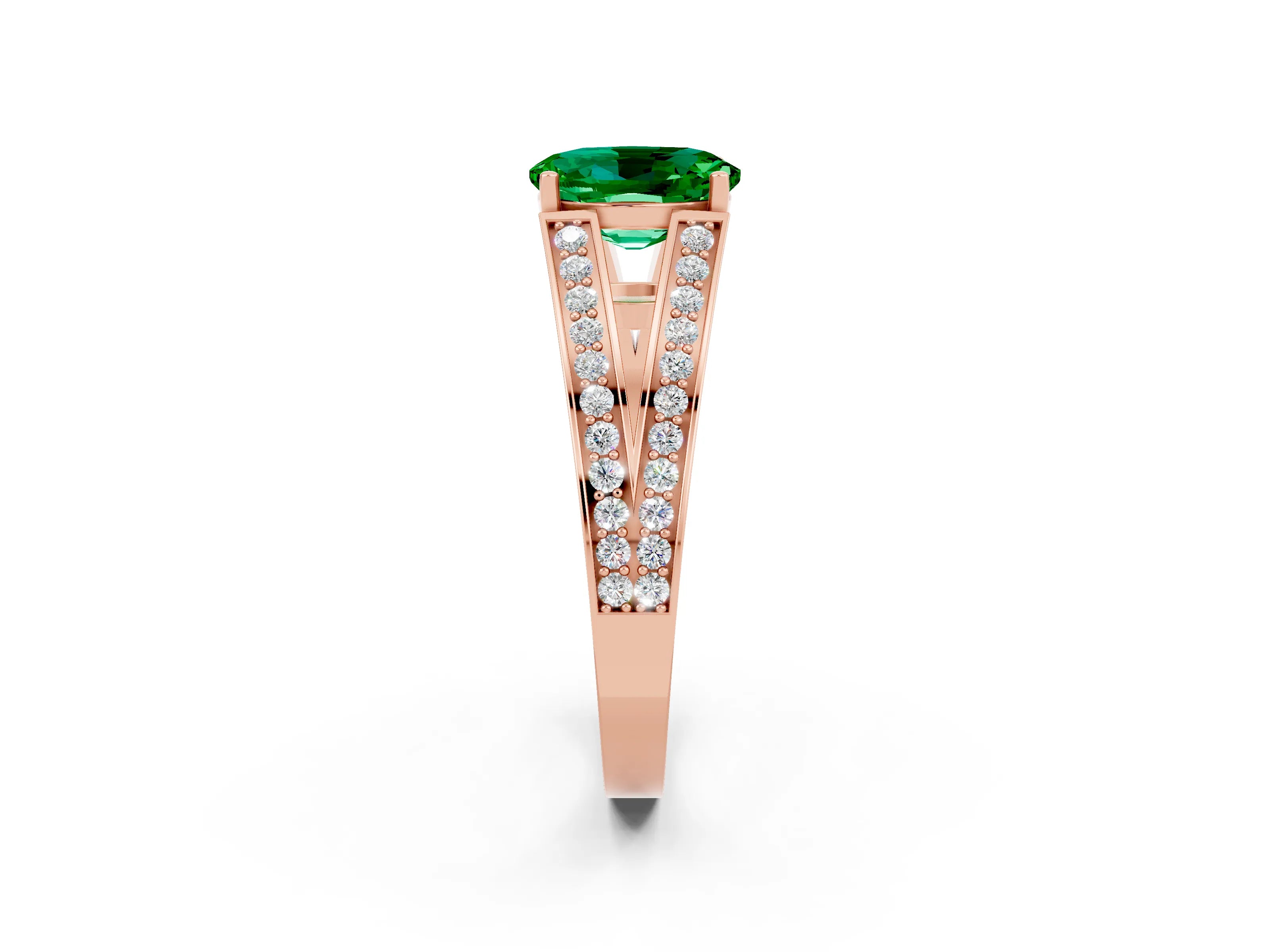 Rose gold Oval Cut Emerald Split Shank Ring with Pavé Band and Four-Prong Setting_2