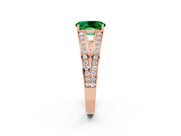 Rose gold Oval Cut Emerald Split Shank Ring with Pavé Band and Four-Prong Setting