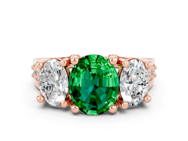 Rose gold Oval Cut Emerald Three-Stone Ring with Channel Set Band and Four-Prong Setting