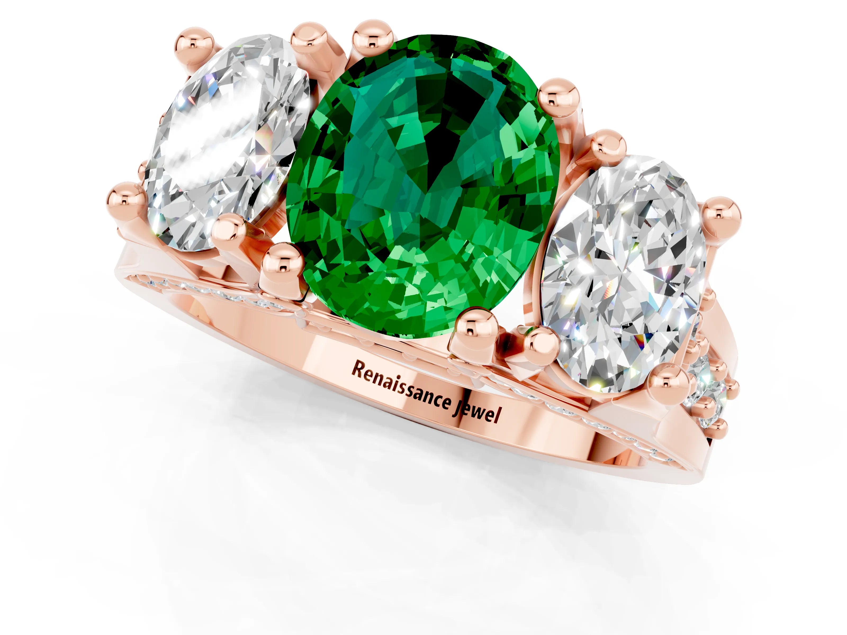 Rose gold Oval Cut Emerald Three-Stone Ring with Channel Set Band and Four-Prong Setting_1