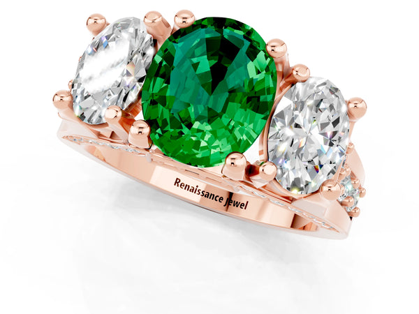 Rose gold Oval Cut Emerald Three-Stone Ring with Channel Set Band and Four-Prong Setting