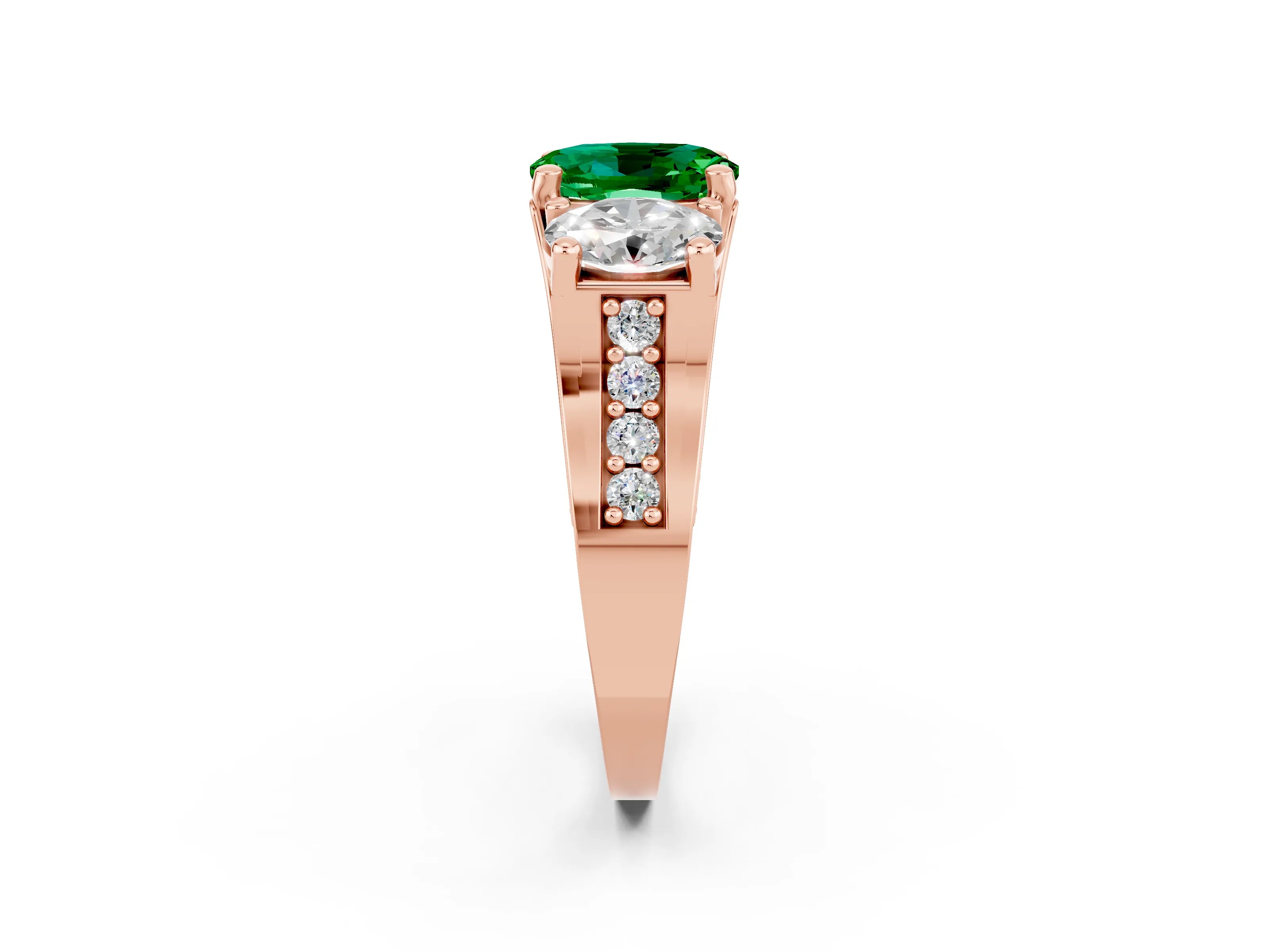 Rose gold Oval Cut Emerald Three-Stone Ring with Channel Set Band and Four-Prong Setting_2