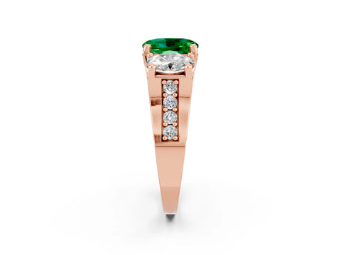 Rose gold Oval Cut Emerald Three-Stone Ring with Channel Set Band and Four-Prong Setting_2