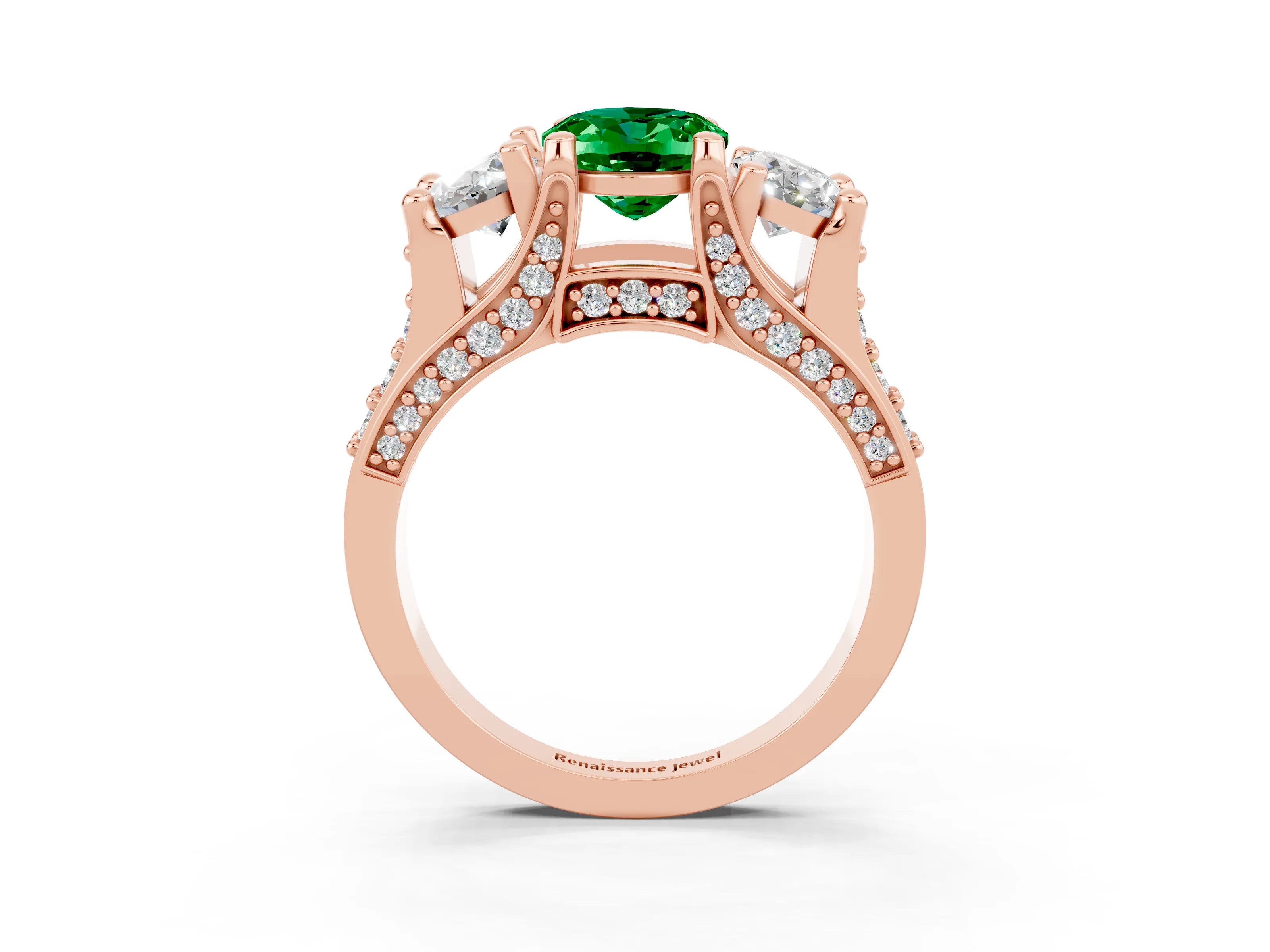Rose gold Oval Cut Emerald Three-Stone Ring with Channel Set Band and Four-Prong Setting_3