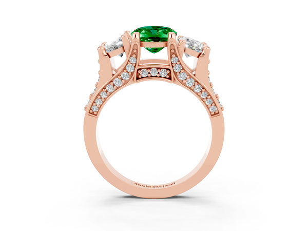 Rose gold Oval Cut Emerald Three-Stone Ring with Channel Set Band and Four-Prong Setting
