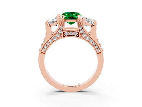 Rose gold Oval Cut Emerald Three-Stone Ring with Channel Set Band and Four-Prong Setting_3