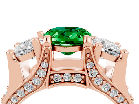 Rose gold Oval Cut Emerald Three-Stone Ring with Channel Set Band and Four-Prong Setting_4