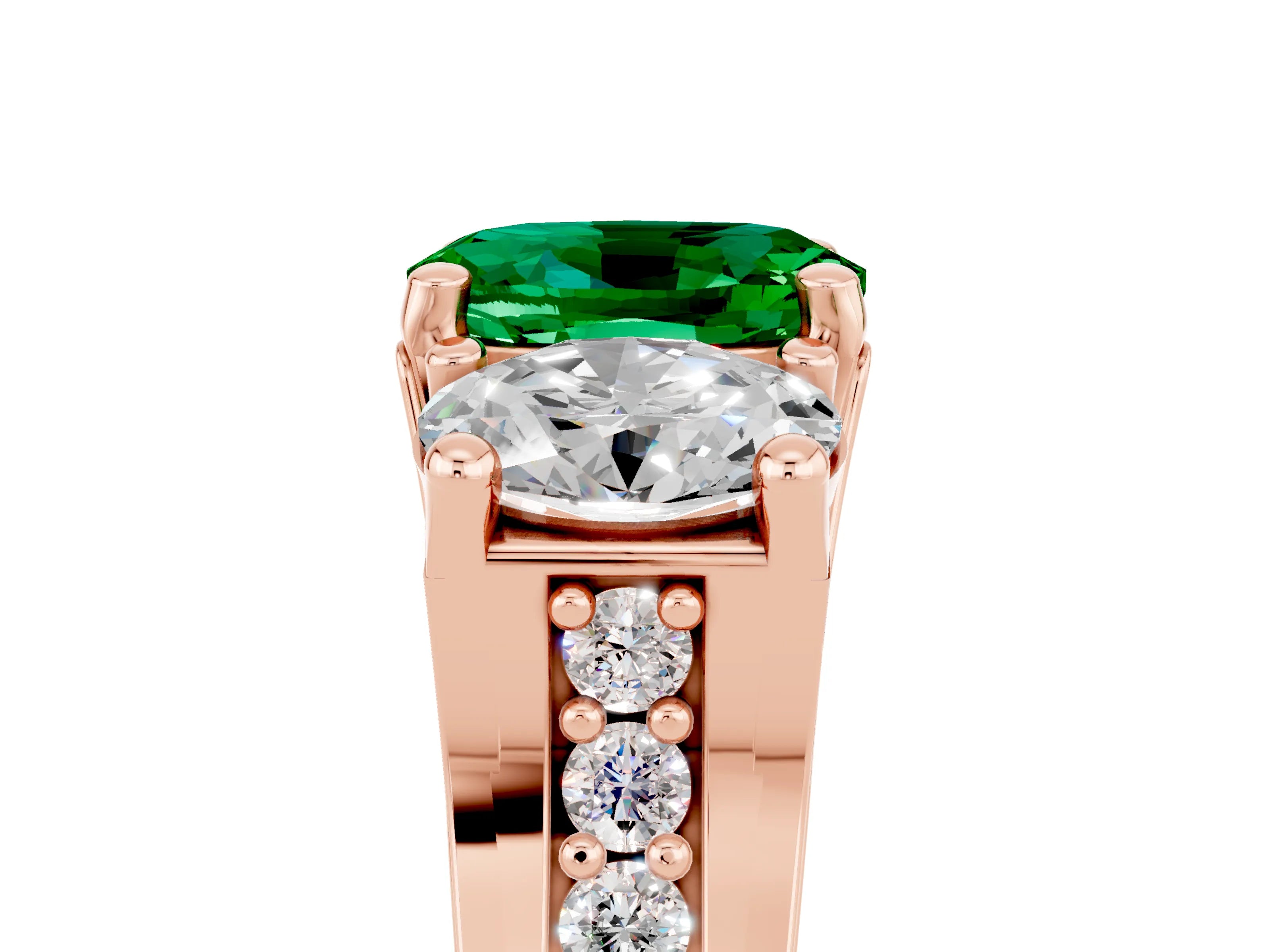 Rose gold Oval Cut Emerald Three-Stone Ring with Channel Set Band and Four-Prong Setting_5