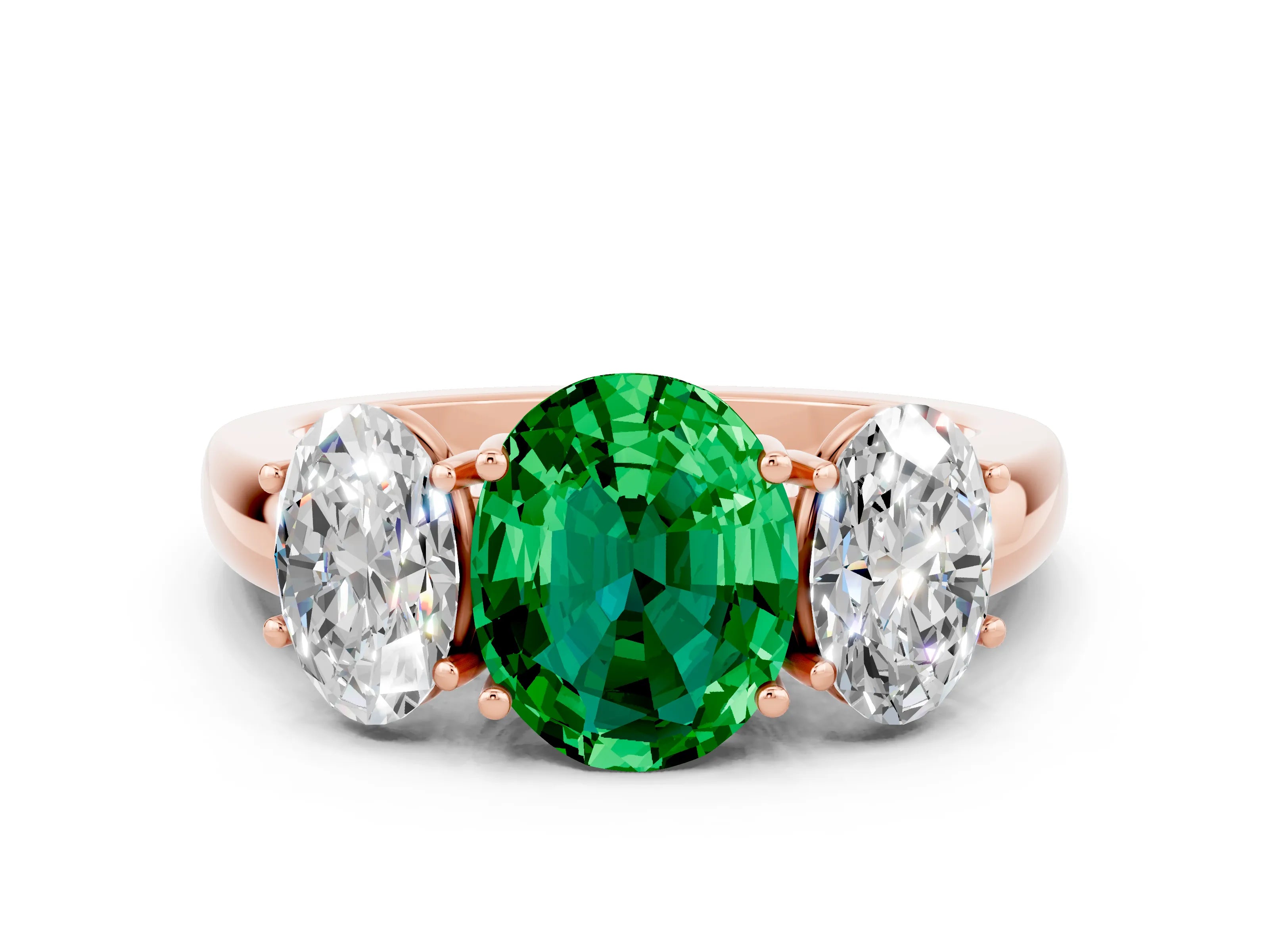 Rose gold Oval Cut Emerald Three-Stone Ring with Four-Prong Setting and Classic Band