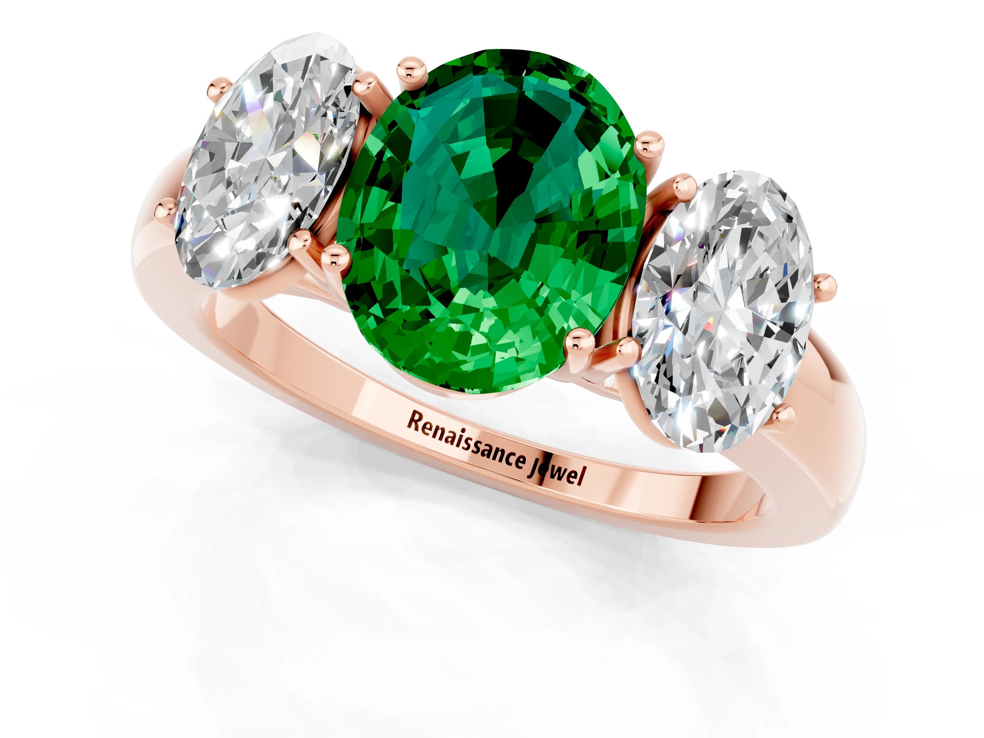 Rose gold Oval Cut Emerald Three-Stone Ring with Four-Prong Setting and Classic Band_1