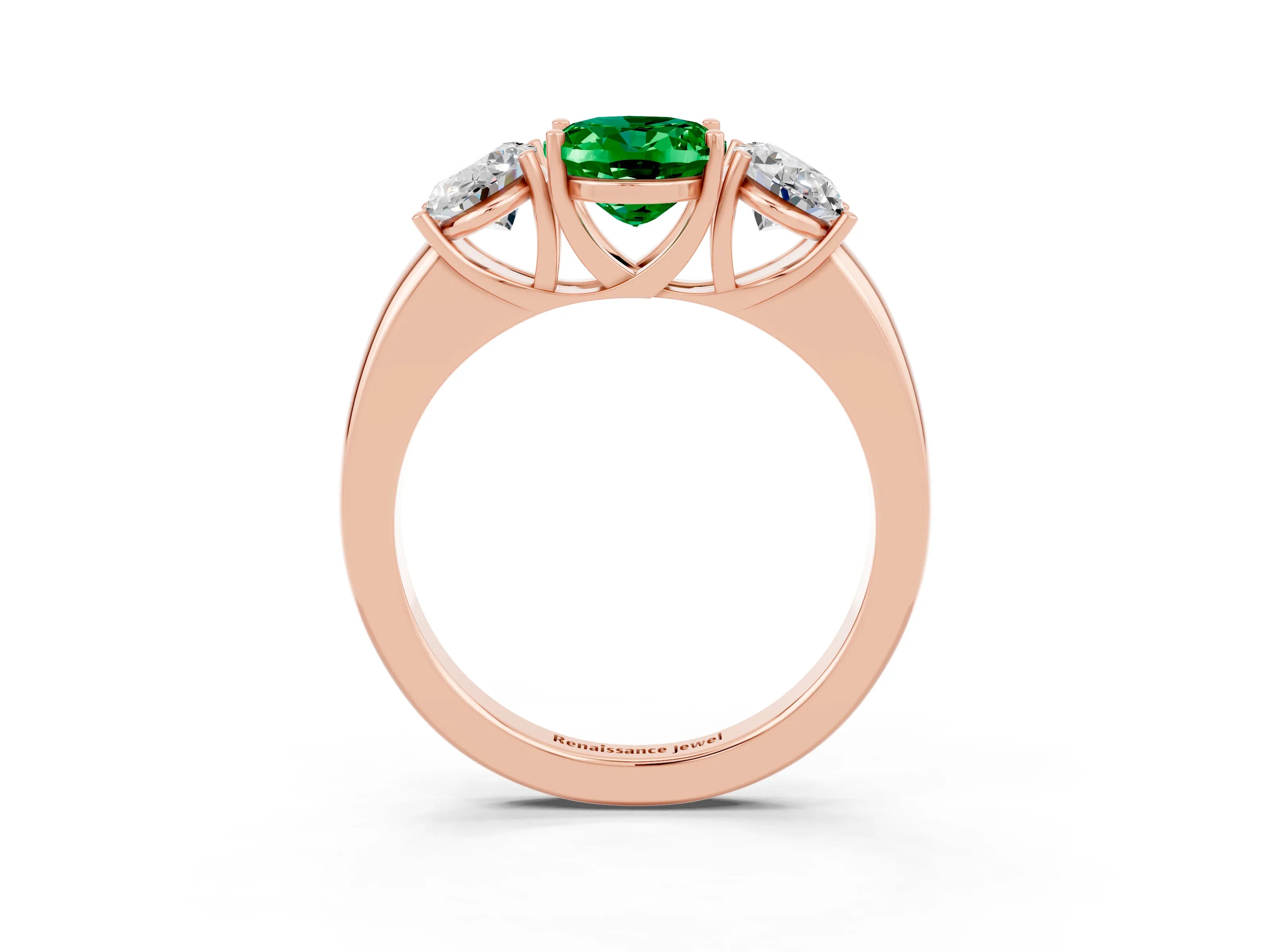 Rose gold Oval Cut Emerald Three-Stone Ring with Four-Prong Setting and Classic Band_3