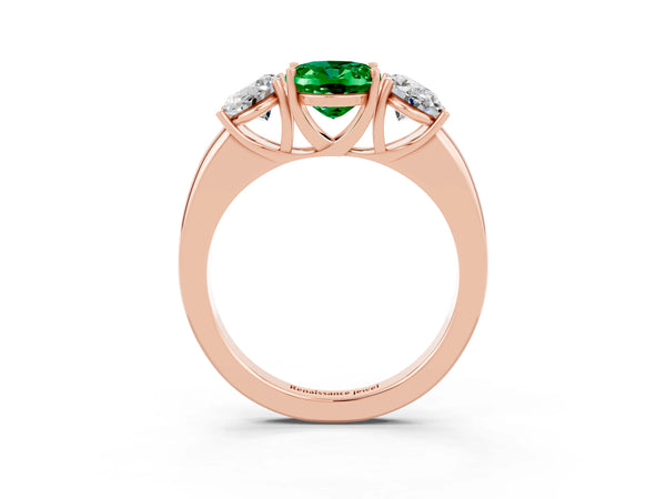 Rose gold Oval Cut Emerald Three-Stone Ring with Four-Prong Setting and Classic Band