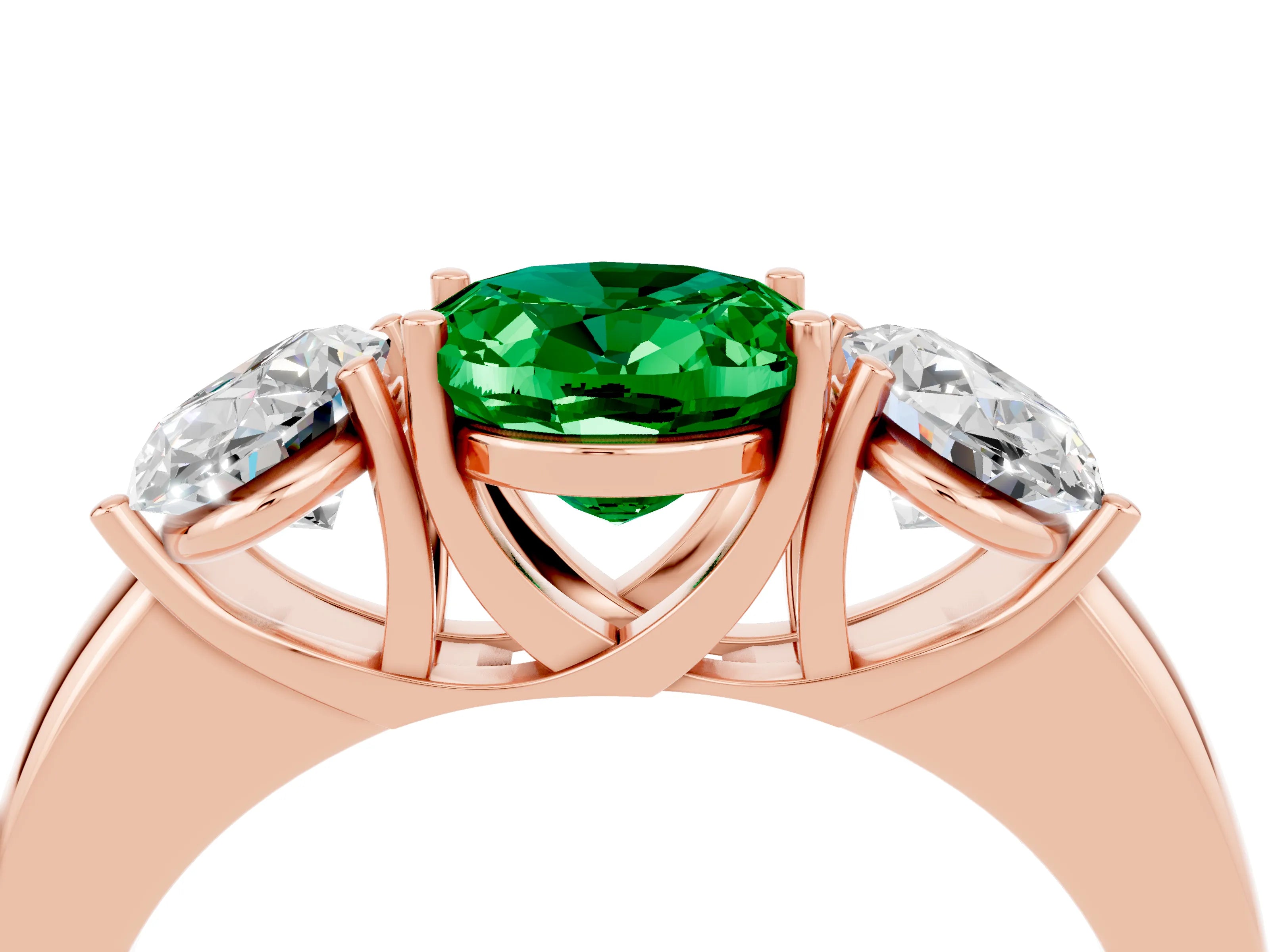 Rose gold Oval Cut Emerald Three-Stone Ring with Four-Prong Setting and Classic Band_4