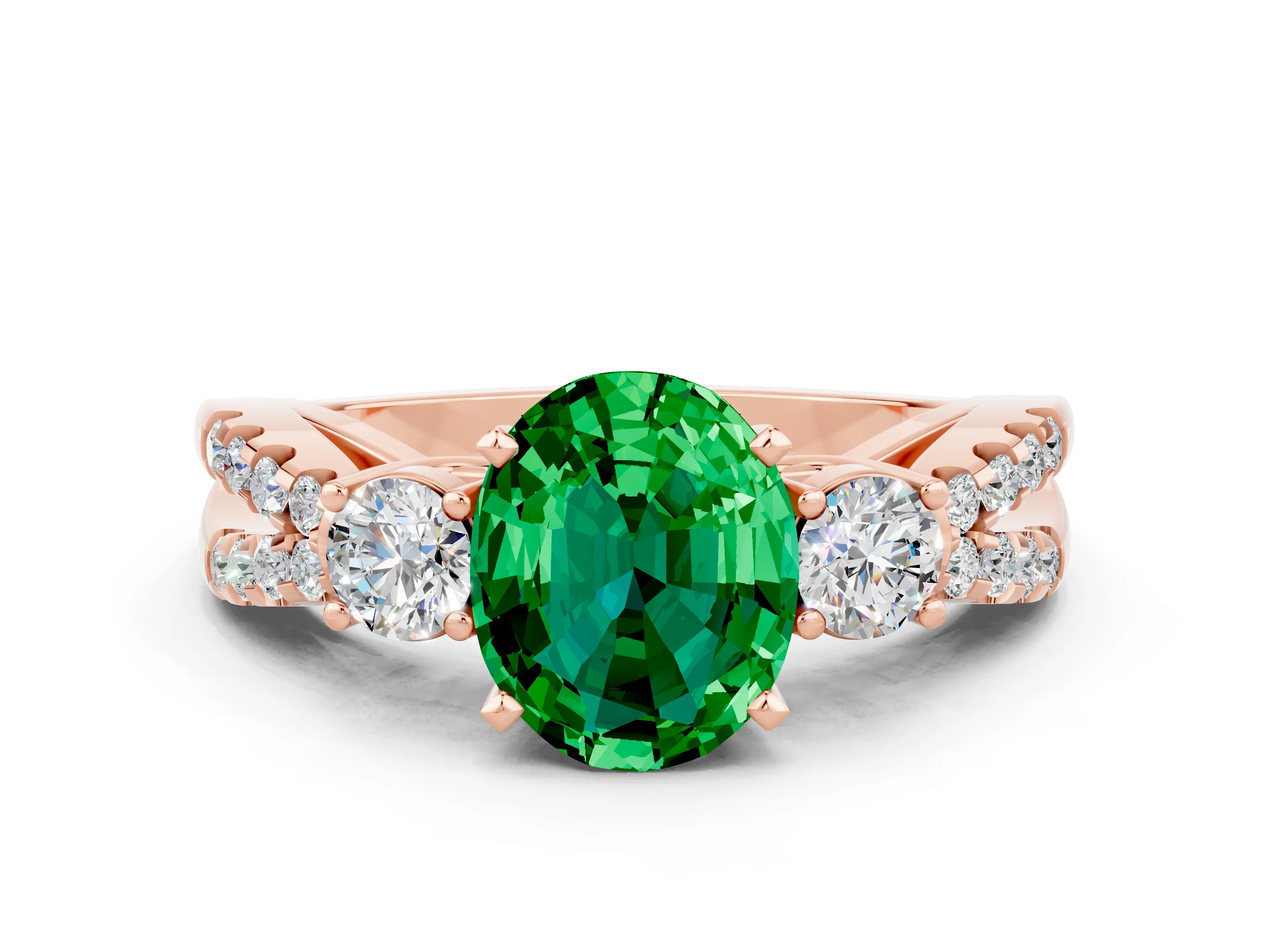 Rose gold Oval Cut Emerald Three-Stone Ring with Pavé Split Shank and Four-Prong Setting_12