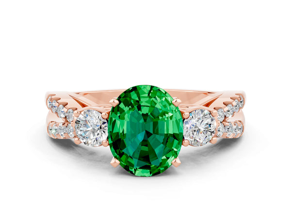 Rose gold Oval Cut Emerald Three-Stone Ring with Pavé Split Shank and Four-Prong Setting