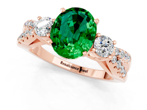 Rose gold Oval Cut Emerald Three-Stone Ring with Pavé Split Shank and Four-Prong Setting_13